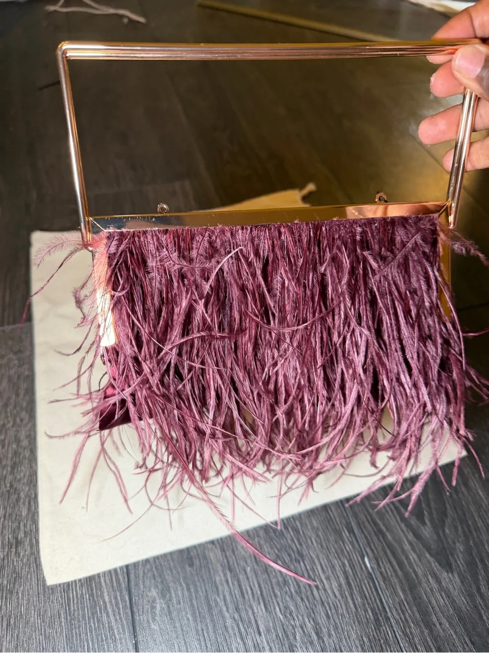 Zara Feather Fringe Evening Clutch in Plum with Gold Frame